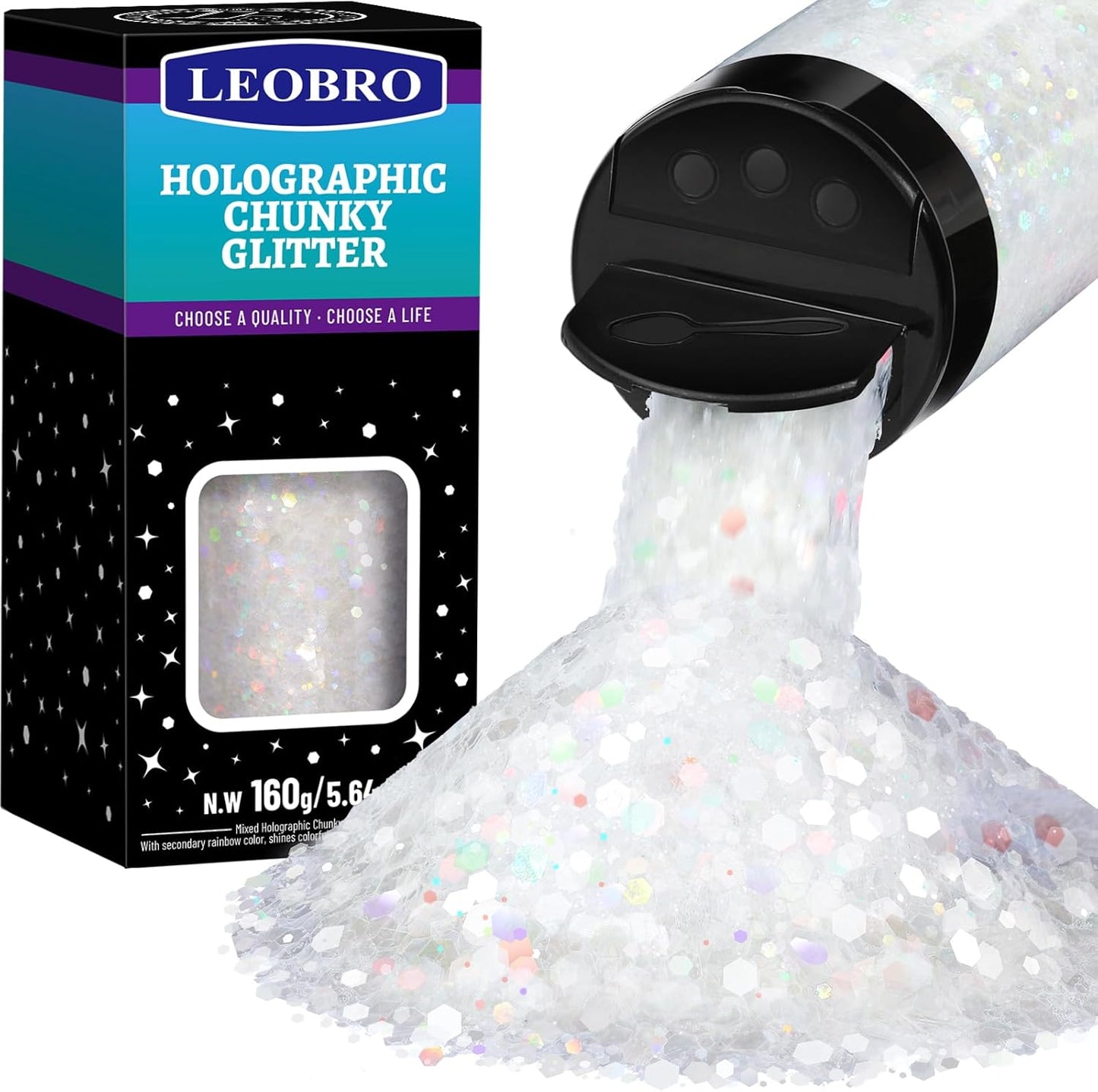 LEOBRO White Glitter, 160g/5.64oz Holographic Chunky Glitter for Crafts, Resin, Nail Body, Tumblers, Party Decorations