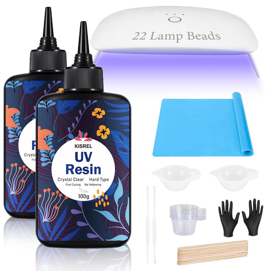 KISREL UV Resin Kit With 22 Lamp Beads Light - Larger Size and 200g Upgraded Hard Type Crystal Clear Resin for Craft Jewelry Making