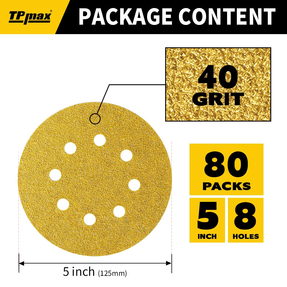 80PCS 5 Inch 40 Grit 125mm 8 Hole Sanding Discs Sandpaper - Premium Gold Round Hook and Loop for Random Orbital Sander - Ideal for Wood, Metal, Automotive