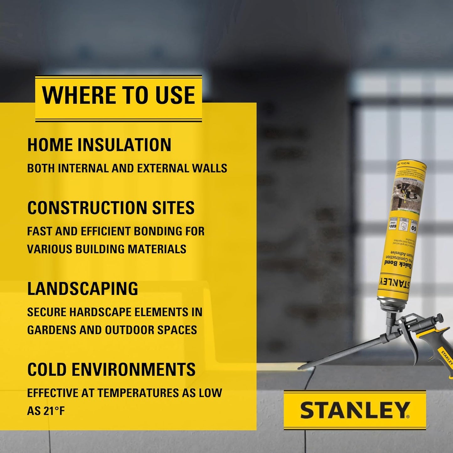 Stanley Quick Bond Adhesive Foam - 1x24oz, Reliable Bond Adhesive for Various Materials, Strong bonding, No Mixing, Gun Use, Including Gun, Cleaner | 1 Pack