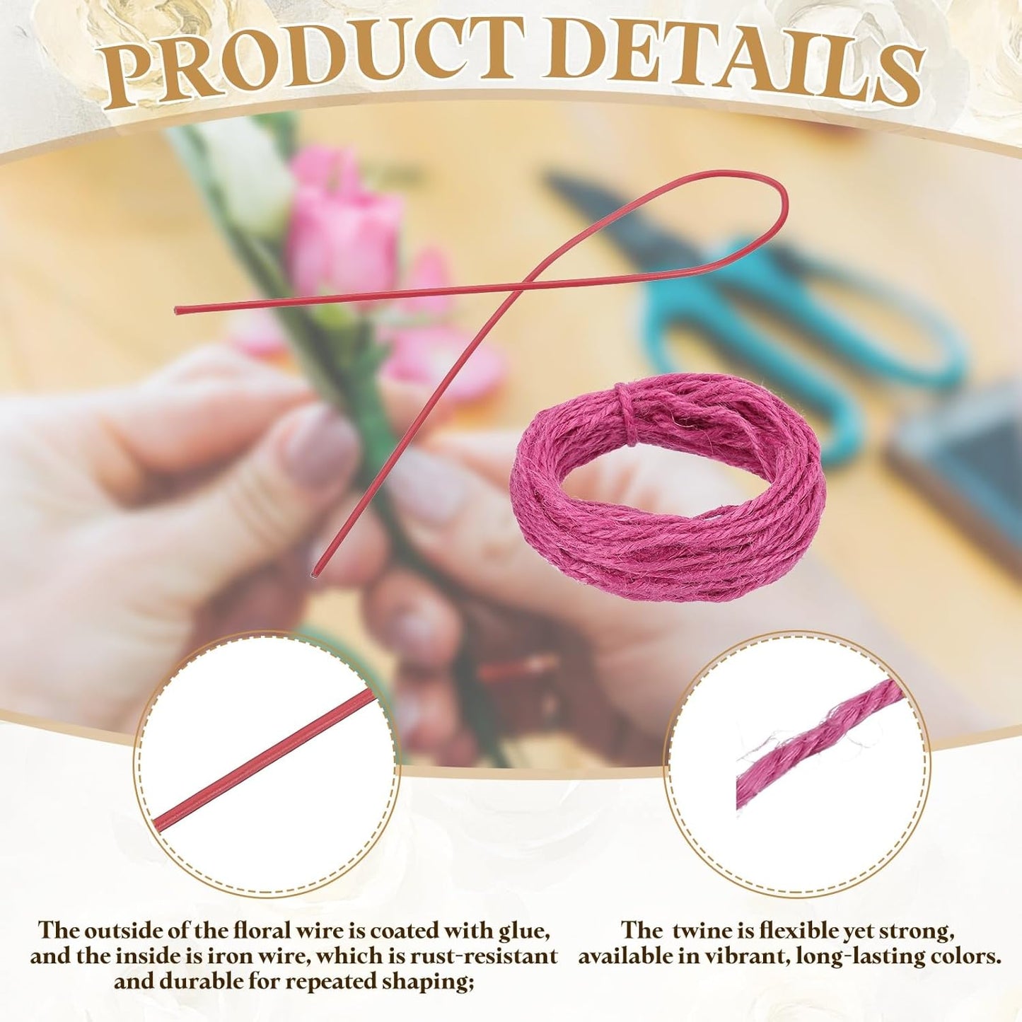 uxcell 50Pcs 2 Gauge Floral Wire, 11.81" Length Flower Stem Wires with 0.08" x 32.8ft Twine for Wreath Making, Flower Arrangement, Red