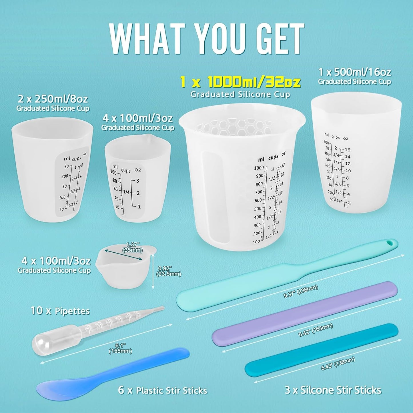 Silicone Resin Mixing 1L Measuring Cup Set for Resin Supplies, Easy-to-Read Marks, 1000ml/32oz Large Cup, 500&250&100ml Thickened Reusable Silicone Cups for Epoxy Mixing, Jewelry Making