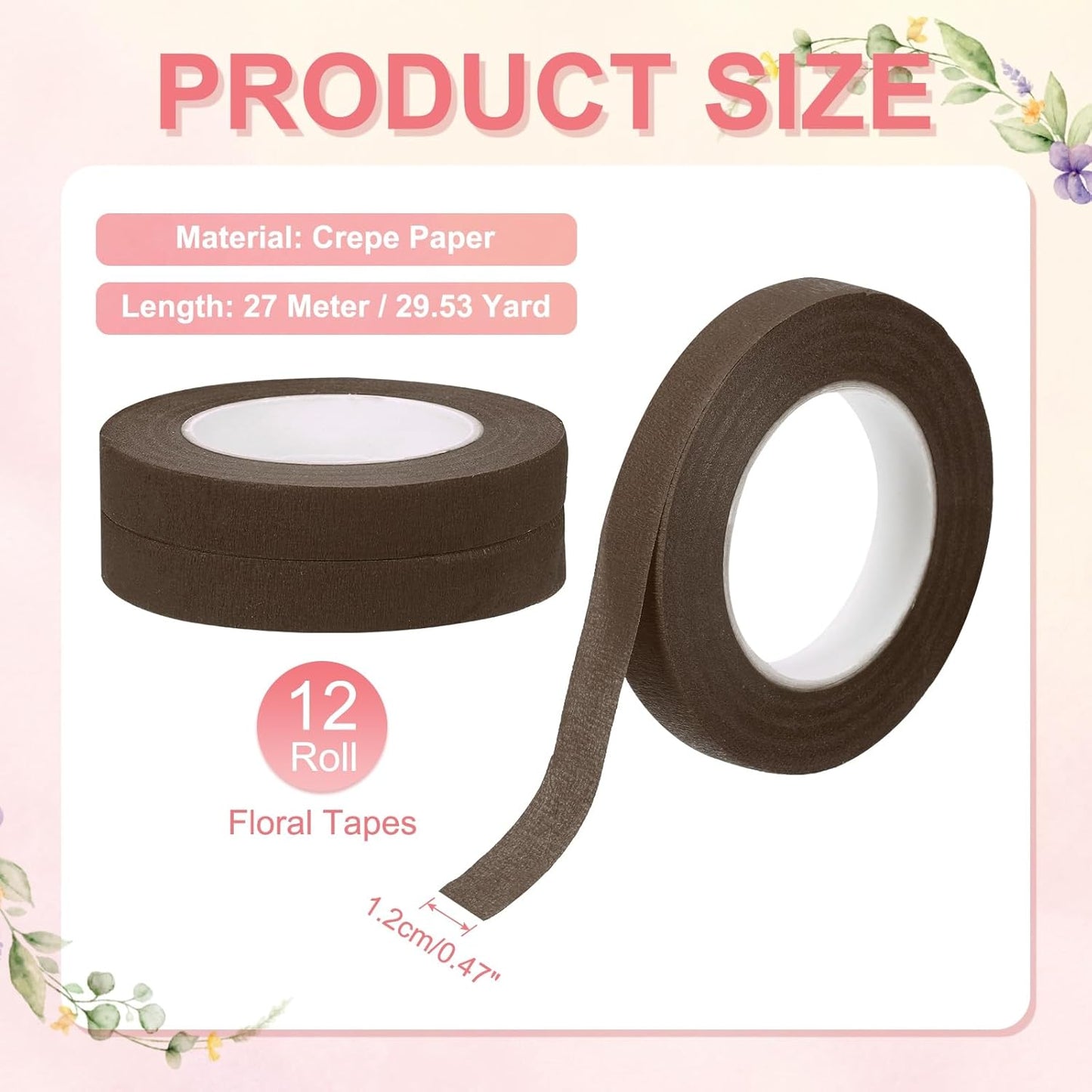 MECCANIXITY 12 Rolls Floral Tapes, 30 Yard x 1/16 in Florist Crepe Flowers Bouquets Tape Adhesive Waterproof for Flower Arranging Wrapping, Coffee