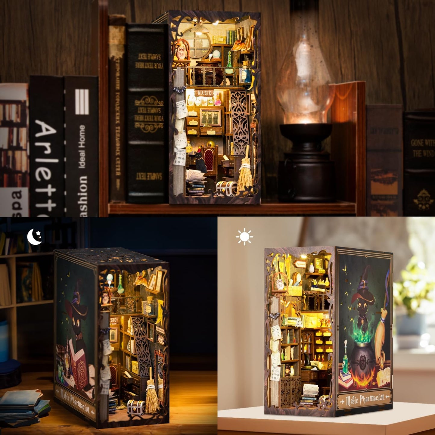 Fsolis Book Nook Kit, DIY Miniature Dollhouse Kit, 3D Wooden Puzzle for Adults, 282 Pieces, Bookshelf Decor Tiny House Mini Booknook Craft, Gifts for Women Teens and Puzzle Lovers (Magic Pharmacist)