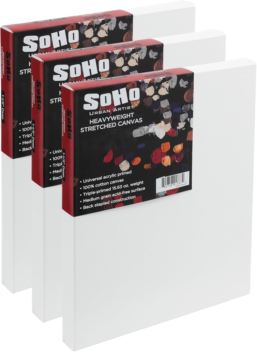 SoHo Urban Artist, 8x10 Heavyweight Stretched Cotton Canvas for Painting - 1.5" Deep- 3 Pack, Triple Primed, 100% Cotton Canvas, Archival, Universal Primed for Oil, Acrylic, Alkyd, Mixed Media