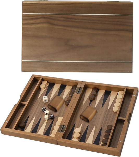 GSE Games & Sports Expert Premium Magnetic Wooden Folding Inlay Backgammon Board Game Set, Portable Travel Board Game (Double Stripe- 11 Inches)