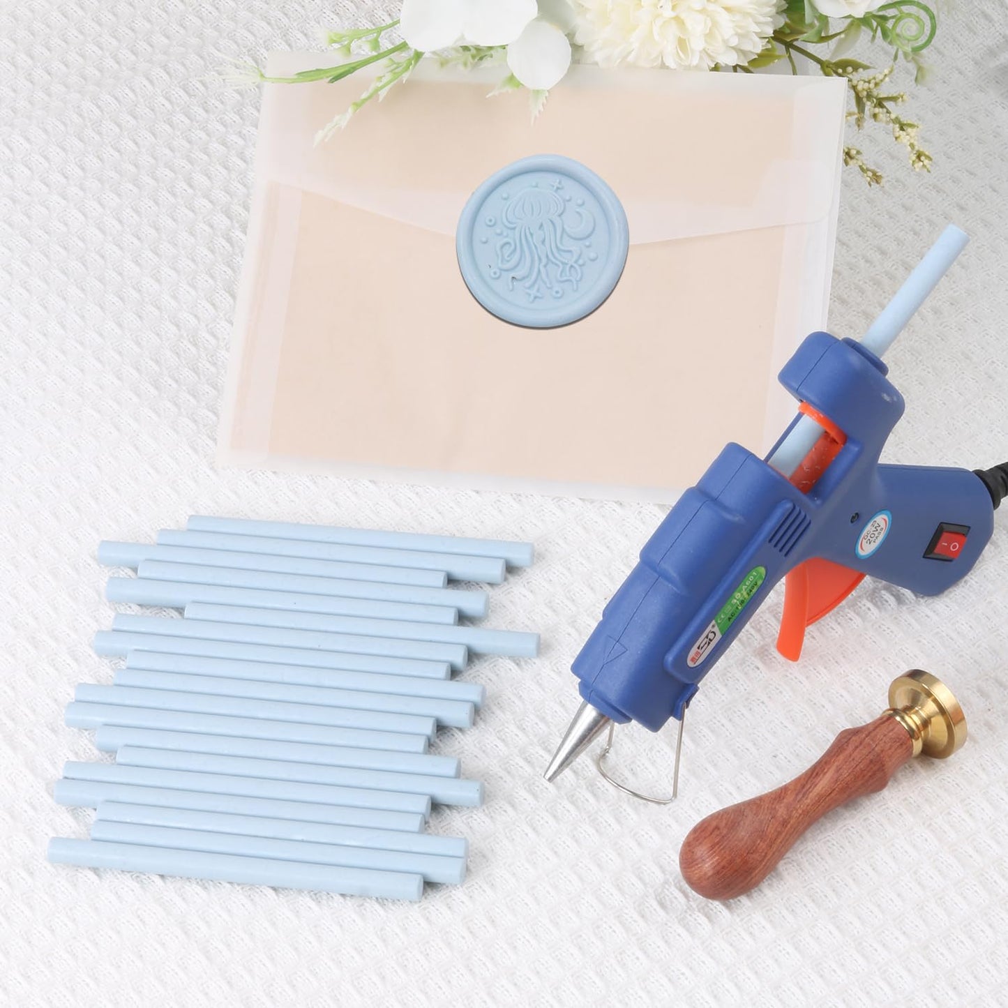 Pale Blue Sealing Wax Sticks, WASOHLING 20Pcs Glue Gun Wax Seal Sticks for Wax Seal Stamp, Light Blue Wax Seals for Christmas Wedding Invitation Envelope Letter Seals, Craft Adhesive (Mini Size)
