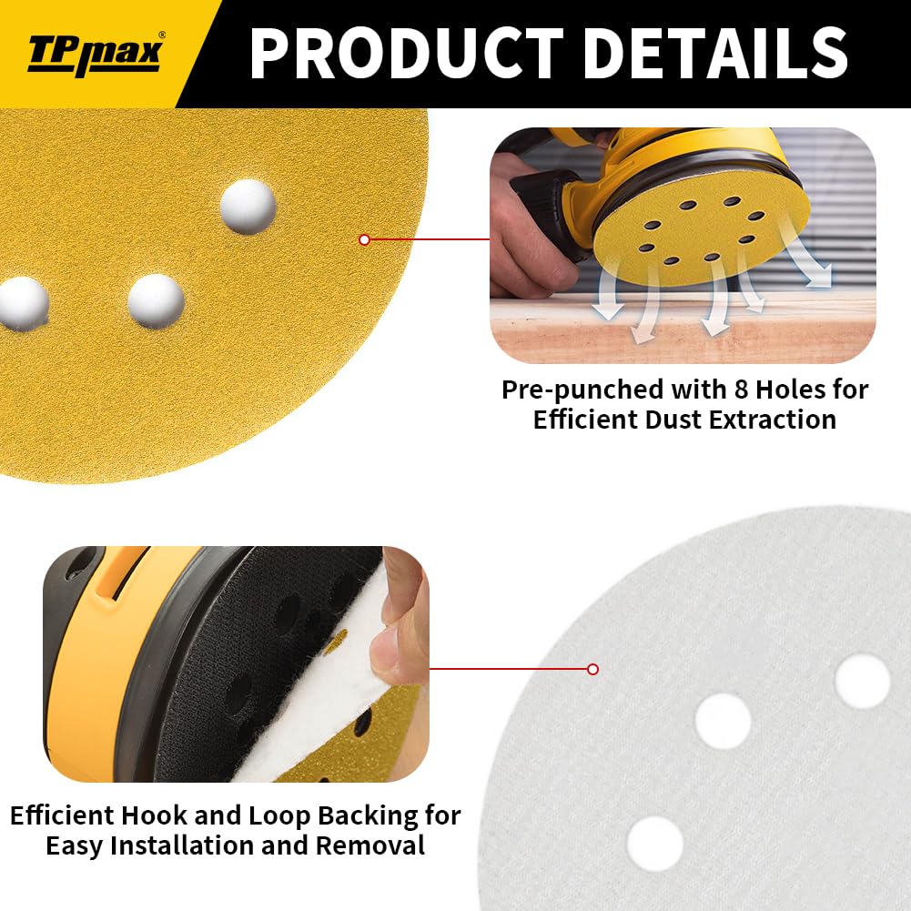 100PCS 5 Inch 800 Grit 125mm 8 Hole Sanding Discs Sandpaper - Premium Gold Round Hook and Loop for Random Orbital Sander - Ideal for Wood, Metal, Automotive