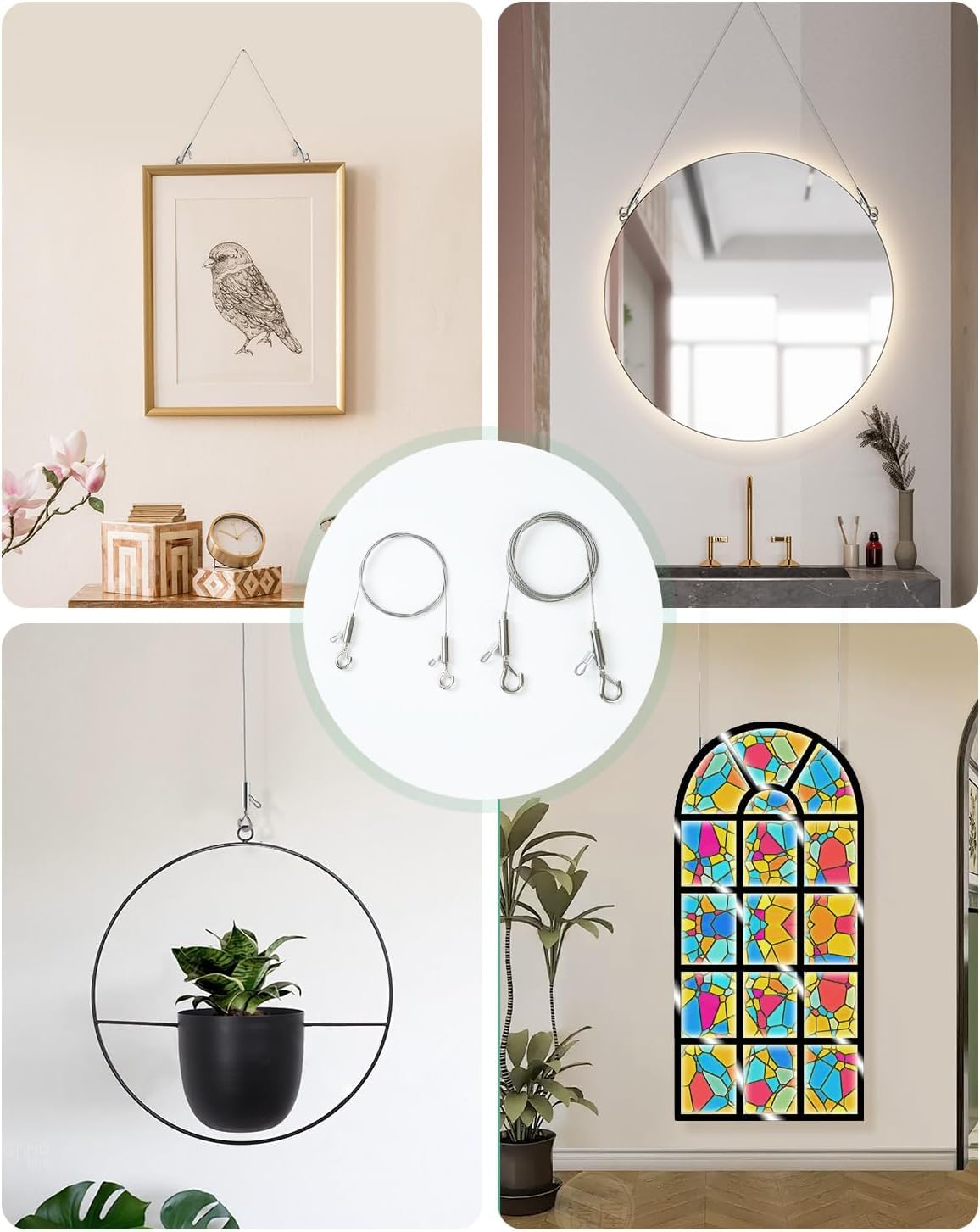 4PCS Adjustable Picture Hanging Wire 0.5m x 1.5mm Large Hooks, Picture Frame Wire Kit Heavy Duty 100lbs, Stainless Steel for Art, Mirror, Light Lamp, Billboards, Basket Flowerpot