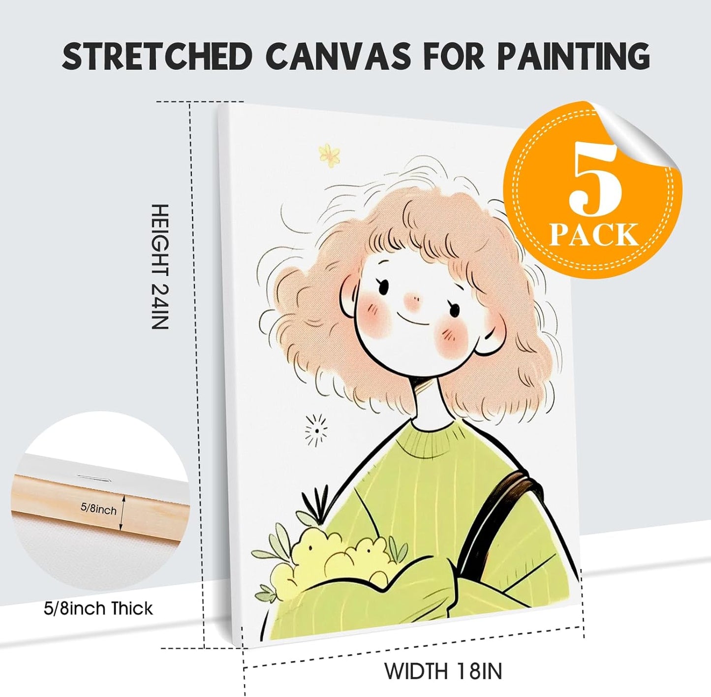ESRICH Stretched Canvas for Painting 18x24 Inch, 5Pack Large Canvas for Painting, Primed Acid-Free Cotton Blank Canvases, Art Paint Canvases for Oil Paint,Watercolor,Acrylic Paint,Gouache and Tempera.