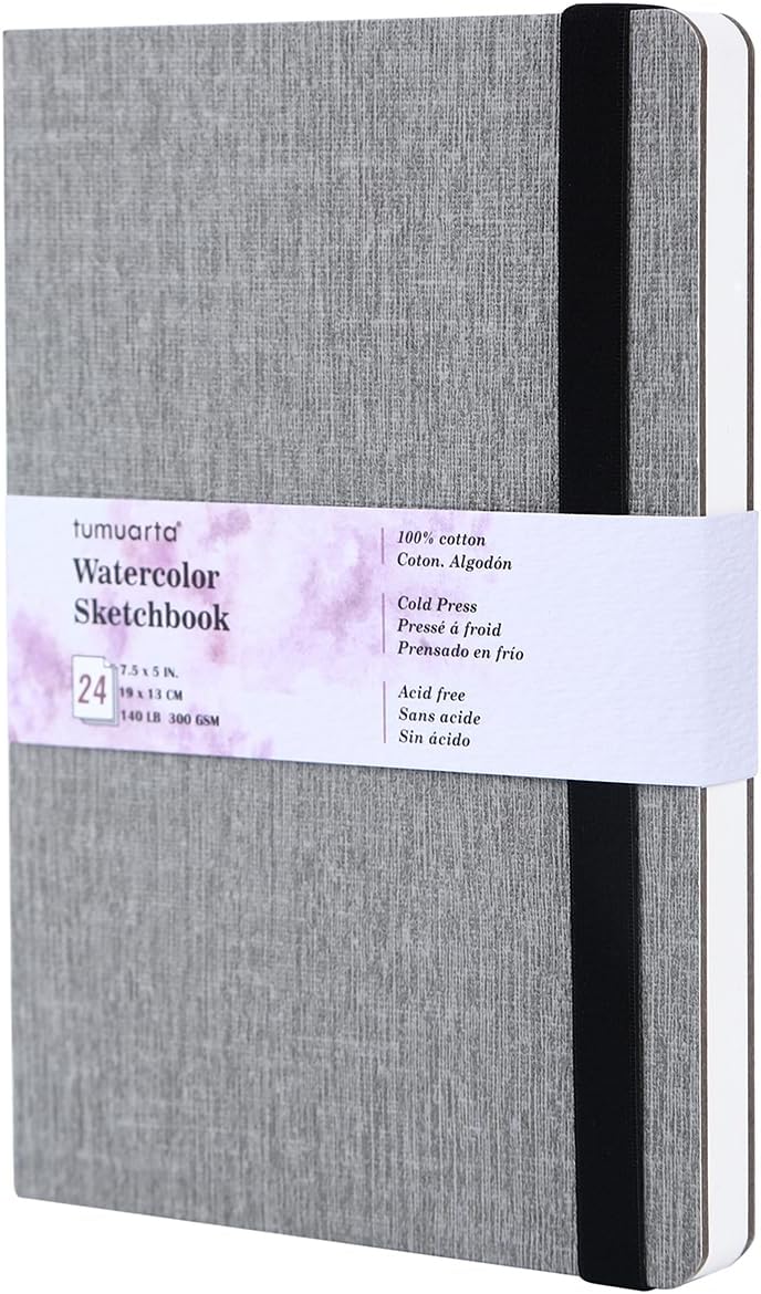 tumuarta Watercolor Sketchbook, 7.5x5, 140 LB, 300GSM, 100% Cotton Paper, Cold Press, 24 Sheets,48 Pages, Watercolor Journal for Use As Travel Sketch Book and Mixed Media Pad On The Go