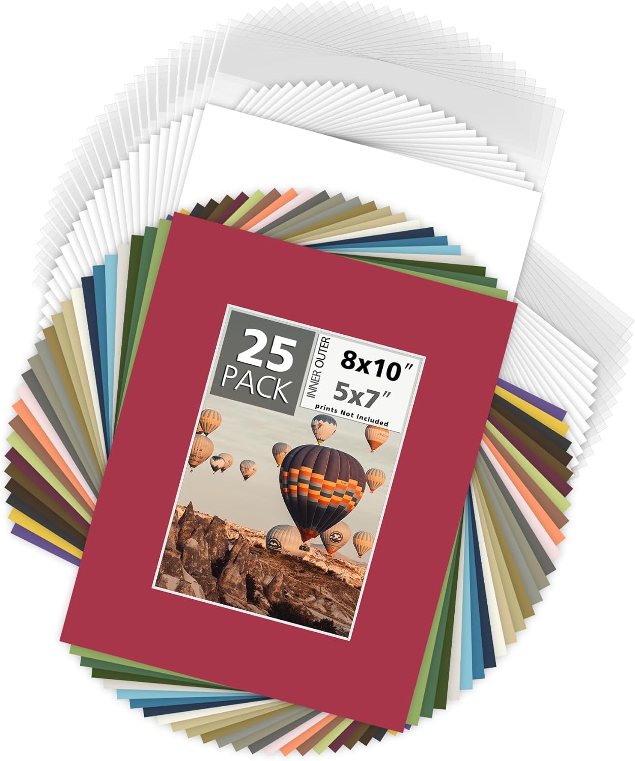 Mat Board Center, Pack of 25, 8x10 for 5x7 Mix Color Picture Mat Sets - Acid Free, 4-ply Thickness, Bevel Pre-Cut White Core - Includes Backing Boards and Clear Bags - for Pictures, Photos, Framing