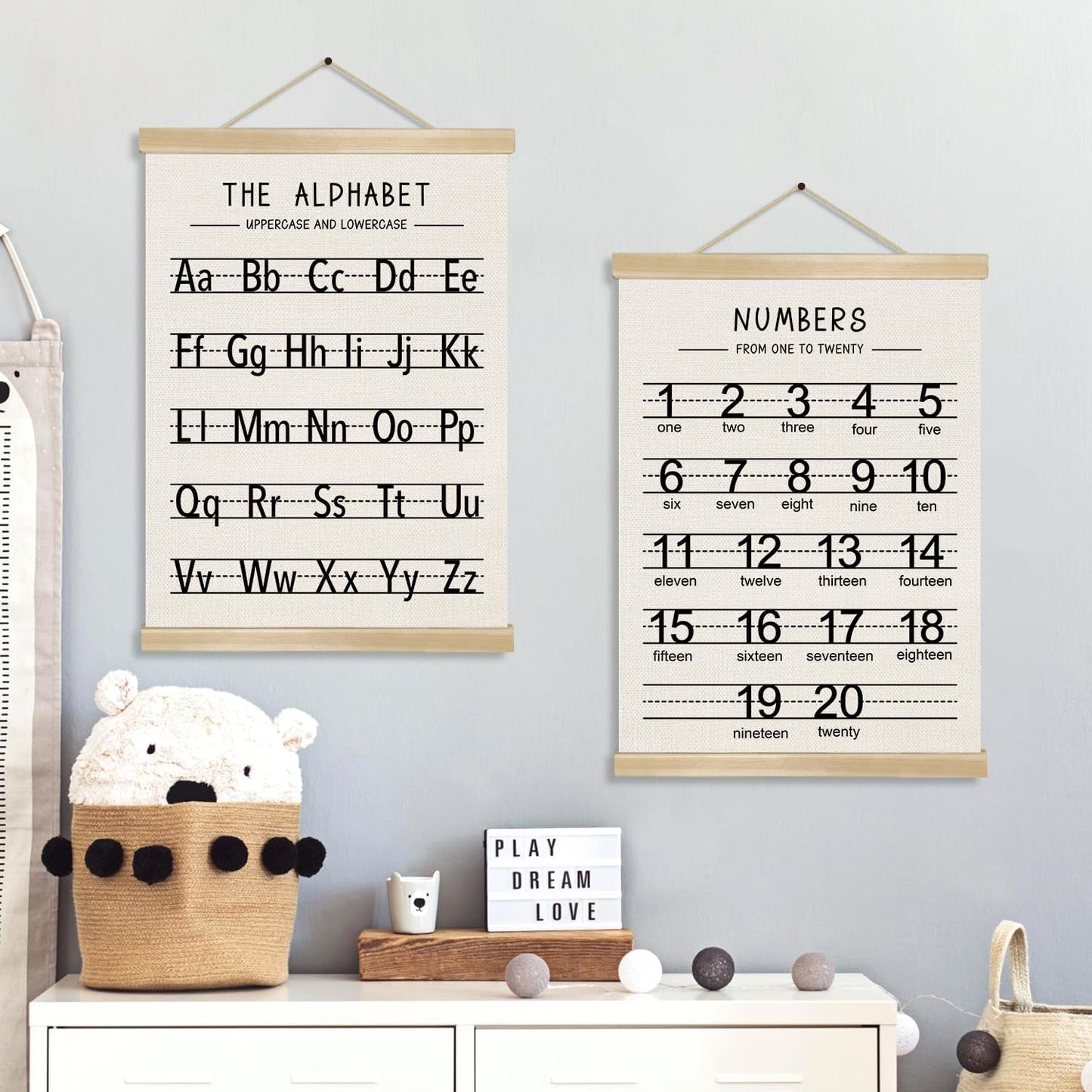 Alphabet and Numbers Wall Chart Set of 2 ,Kids Educational Posters,ABC and 1-20 Number Learning Banners for Toddlers, Preschool Classroom, Homeschool, Nursery, Playroom Decor 14 x 18.5 Inch (Black)
