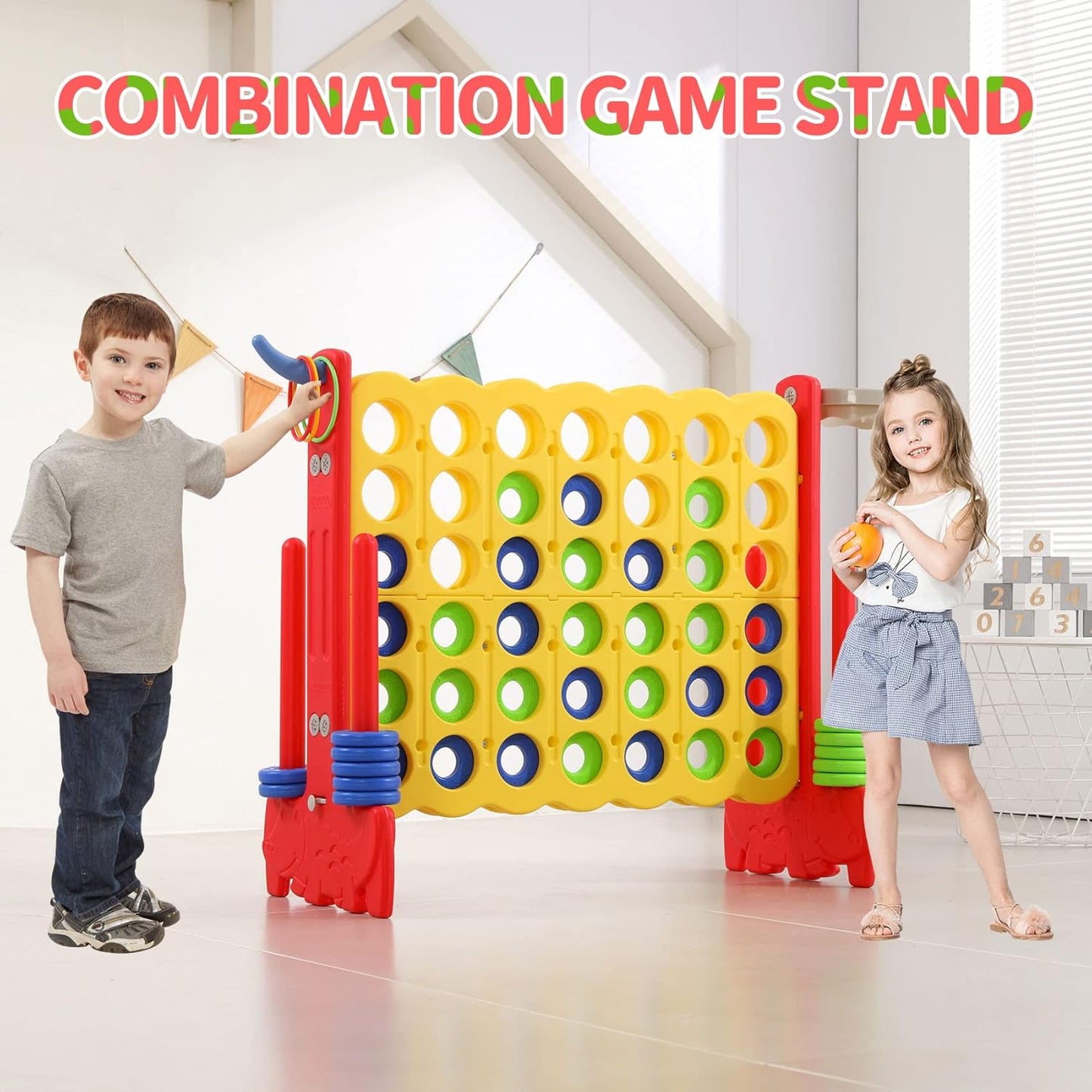 UNICOO Giant 4-in-A-Row with Carry Bag, Ring Toss, Basketball Hoop - Large Outdoor Game for Family Fun - Big Jumbo Game Set for Backyard Parties, BBQs, and Gatherings (Red + Yellow)