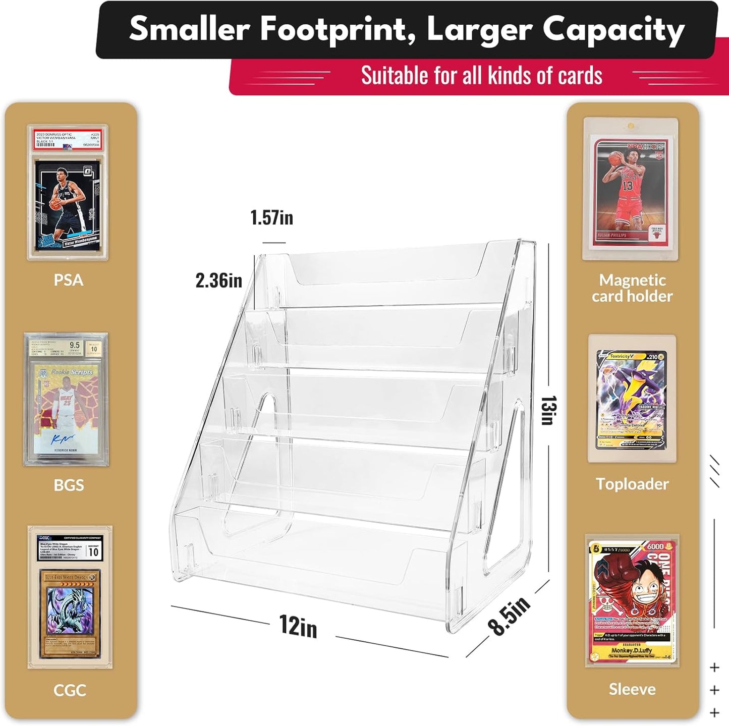 Trading Card Display Stand, Vertical Holder for Baseball Basketball Sports Graded Card Display Stand Tabletop for PSA BGS SGC Slabs, Snap-On Assembly(5 Tier, 2 Pack)