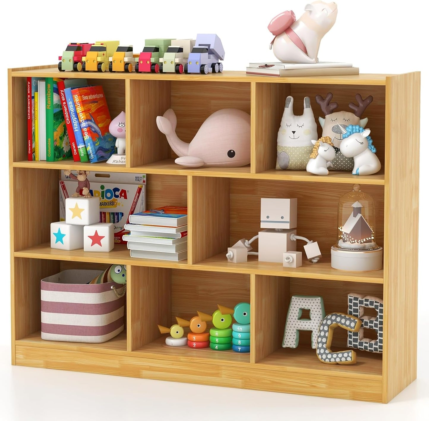 Toy Storage Organizer, 3-Tier Kids Bookshelf, 8 Cube Kids' Bookcases, Cabinets & Shelves, Wooden Toy Organizers, Small Book Shelf for Bedroom, Playroom, Classroom, Nursery (Burlywood)