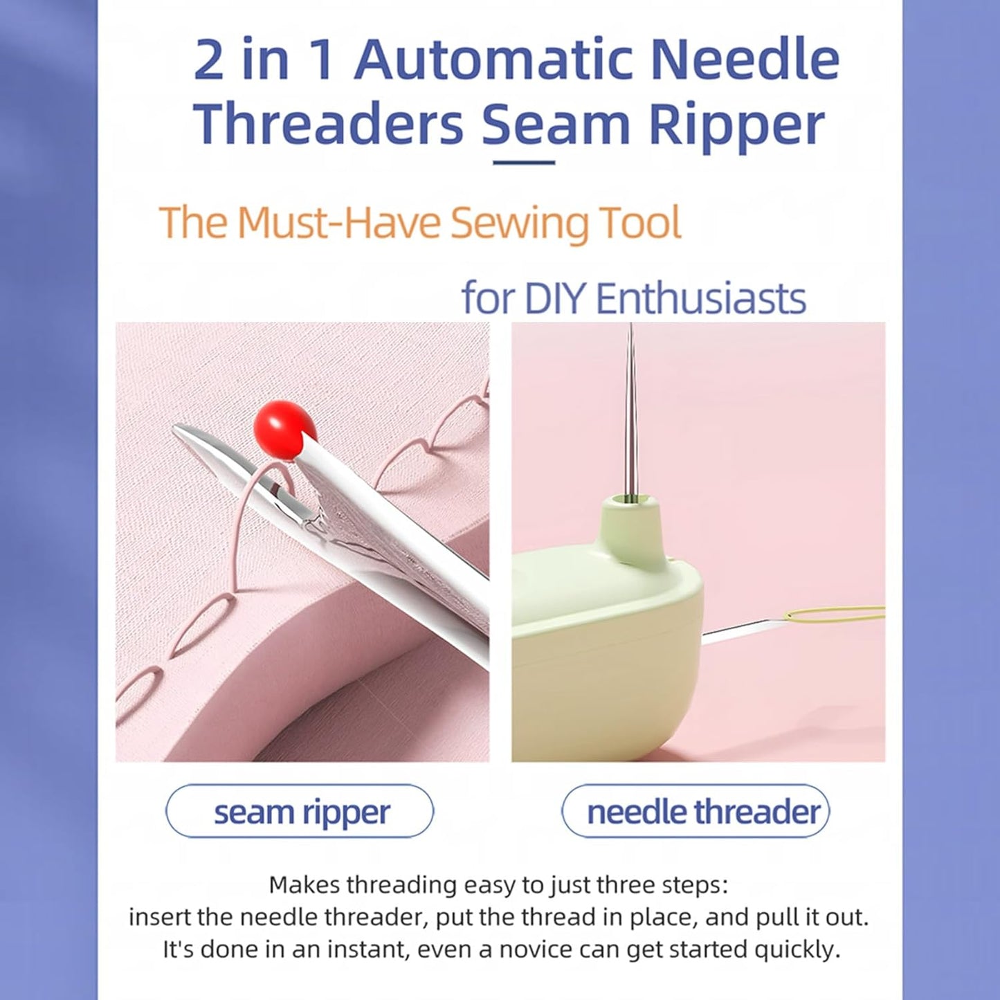 Upgraded 2 in 1 Automatic Needle Threaders Seam Ripper,Quilting Supplies Sewing Kit,Quick Sewing Machine Loop Needle Threaders (1PCS-Purple)