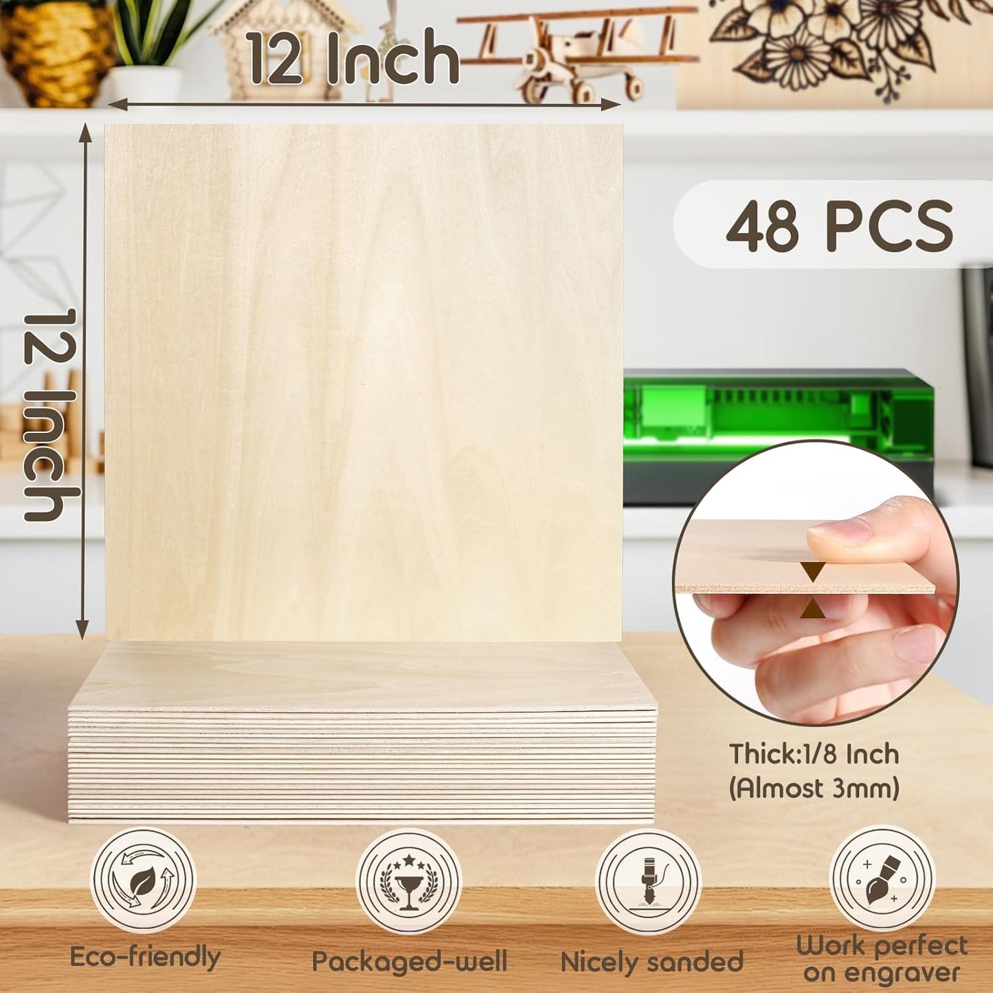 48 Pack 12x12x1/8 Inch Basswood Sheets, MAPRIAL Smooth 3mm Plywood for Laser Cutting, Unfinished Wood Board for Engraving, Wood Burning, Painting, Crafts, Ornaments, Models, Engraver, Halloween