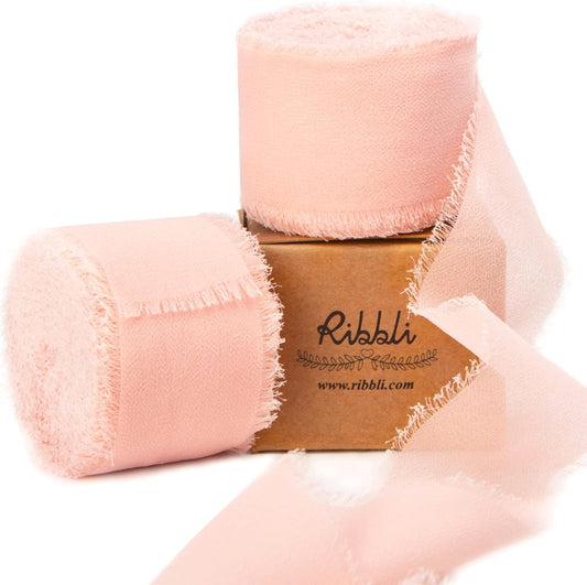 Ribbli Blush Pink Chiffon Ribbon 1-1/2 inch x 20 Yard Handmade Fringe Chiffon Silk Ribbon for Wedding Invitations, Bridal Bouquets Wrapping, Flower Arrangement Decoration