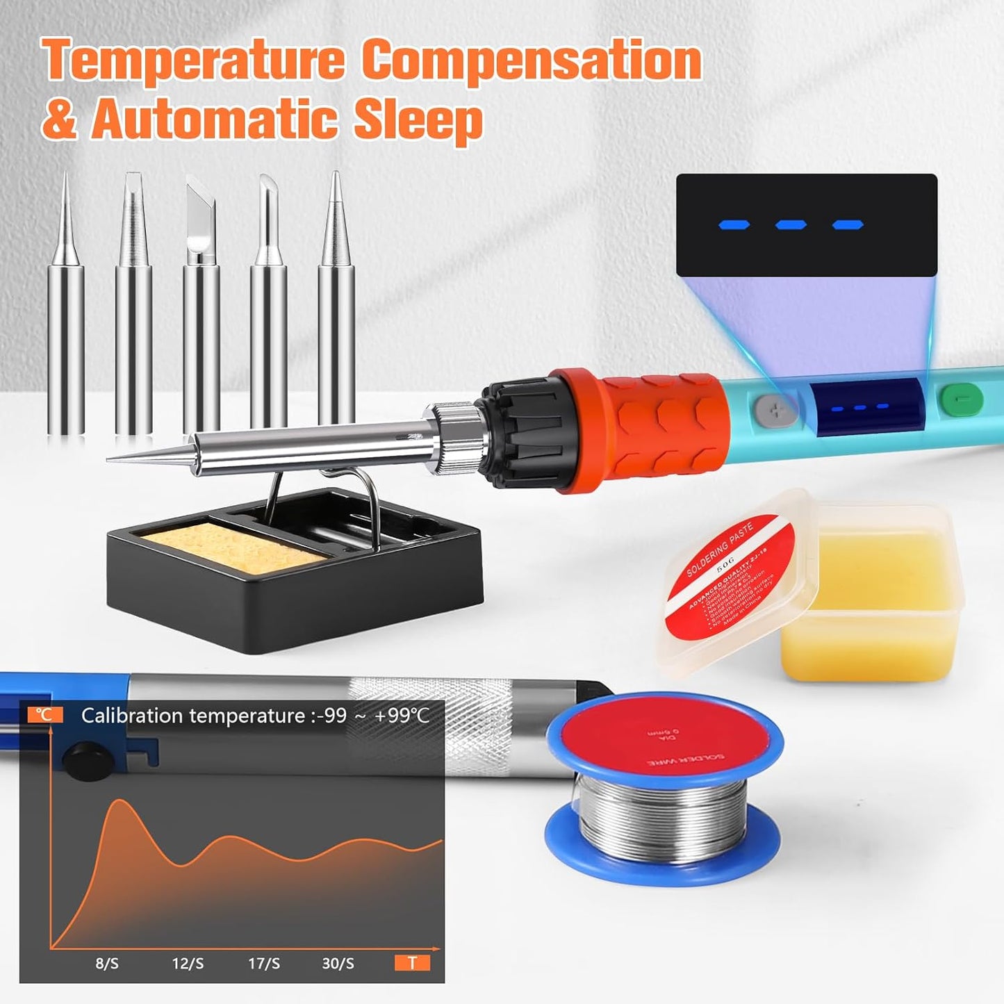 Soldering Iron Kit, 90W LED Digital Soldering Gun kit with Ceramic Heater, 110V Adjustable Temperature Solder Welding Iron Kits, Auto-sleep, Thermostatic Design, Blue