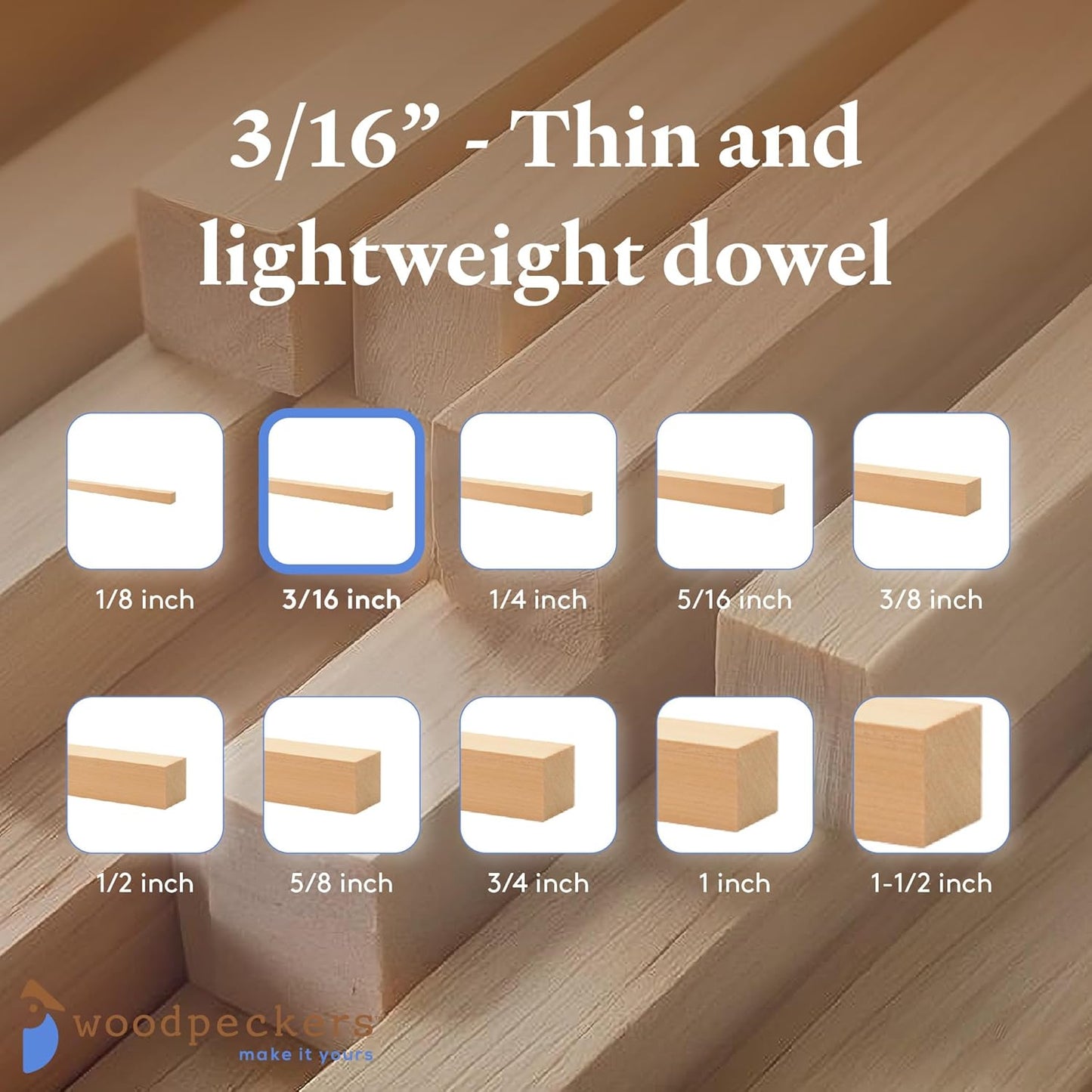 Wood Square Dowel Rods 3/16-inch x 48 Pack of 10 Wooden Craft Sticks for Crafts and Woodworking by Woodpeckers
