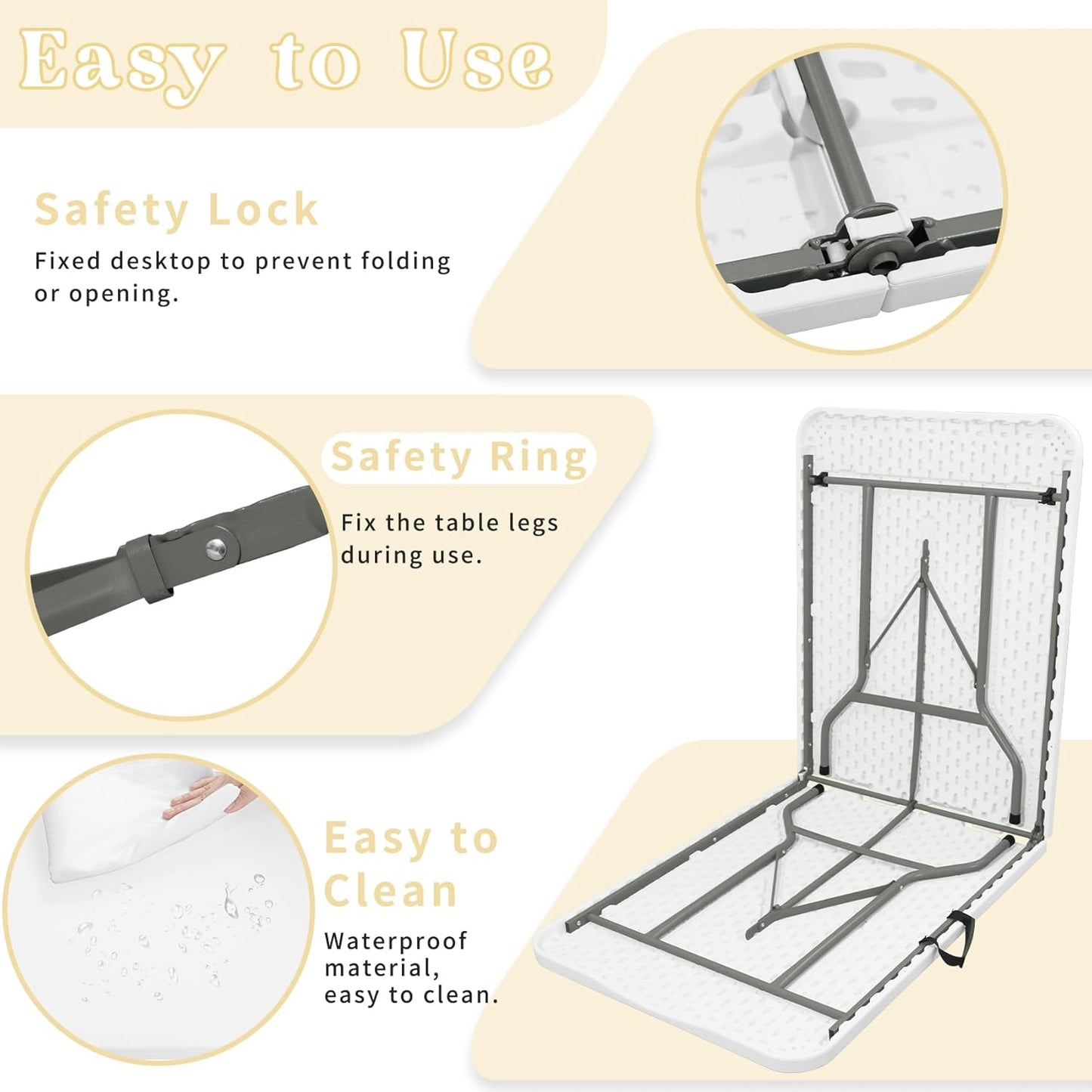 Set of 2 Folding Table 5 FT Camping Table Portable Heavy Duty Plastic Rectangular Outdoor Dining Table Steel Legs Fold-in-Half with Carrying Handle for Indoor,Picnic,Party,Wedding,Events(White)