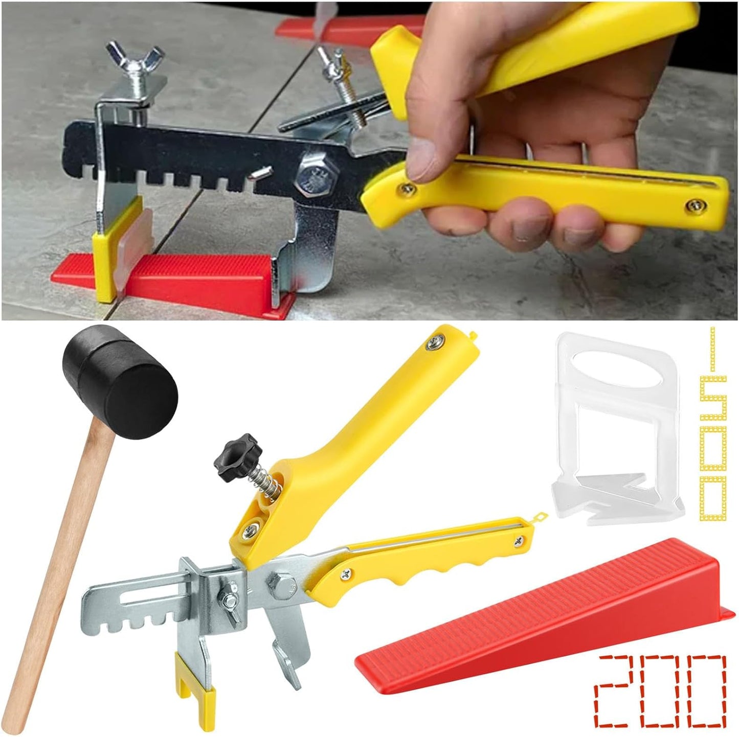 Tile Leveling System with Plier and Rubber Mallet, 1500 Pcs Tile Spacers Clips 200 Pcs Reusable Wedges, Leveler Tool Set for DIY Professional Ceramic Tile and Stone Installation (1/16 Inch)
