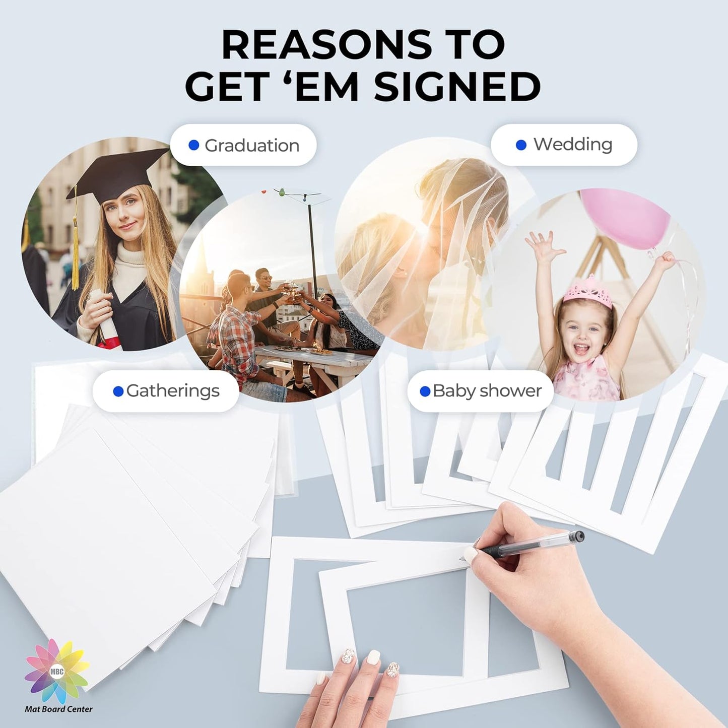 Mat Board Center, Pack of 25, 11x14 for 8x10 White Picture Mat Sets - Acid Free, 4-ply Thickness, Bevel Pre-Cut White Core - Includes Backing Boards and Clear Bags - for Pictures, Photos, Framing