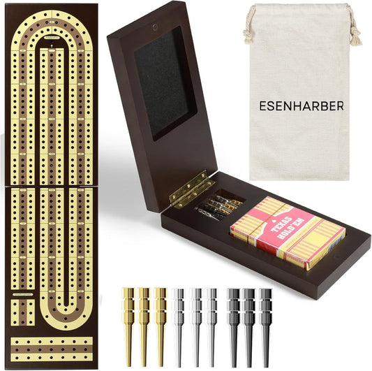 Foldable Wooden Cribbage Board Set - Elegant 3-Track Design with Magnetic Closure, 9 Metal Pegs, Full Deck of Cards, Perfect for Family Game Nights and Travel