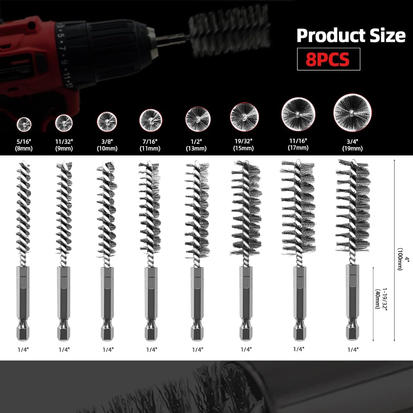 ASNOMY 8Pcs Wire Bore Brush for Drill,5/16"-3/4” Stainless Steel Copper Pipe Cleaner Set for Power Drill Cleaning,Abrasive Drill Wire Brush with 1/4" Hex Shank