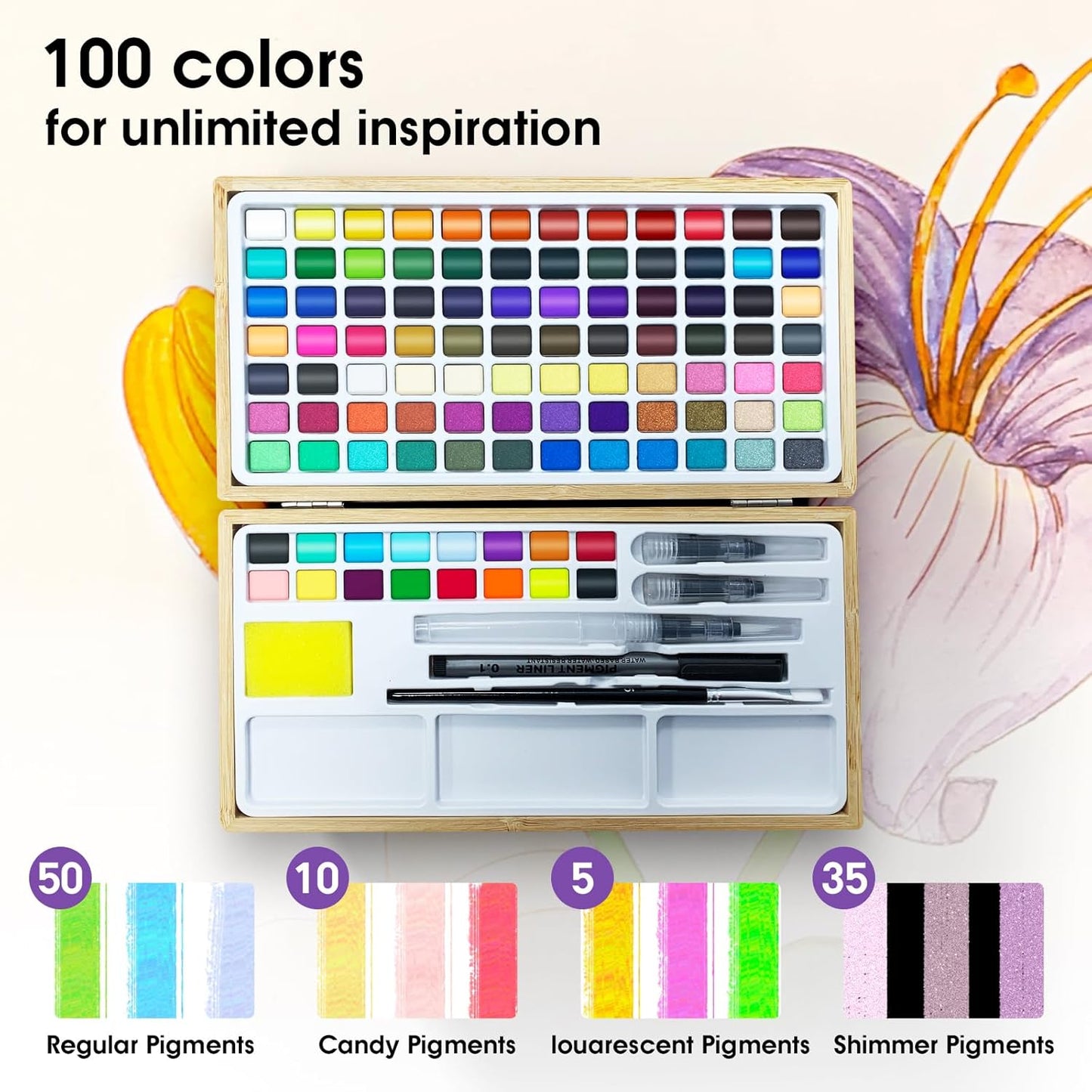 Watercolor Paint Set,100 Colors in Nature Bamboo Box,Portable Water Colors Kit with Papers and Brush Pens,Great for Kids Adults Beginners & Professionals（bamboo）