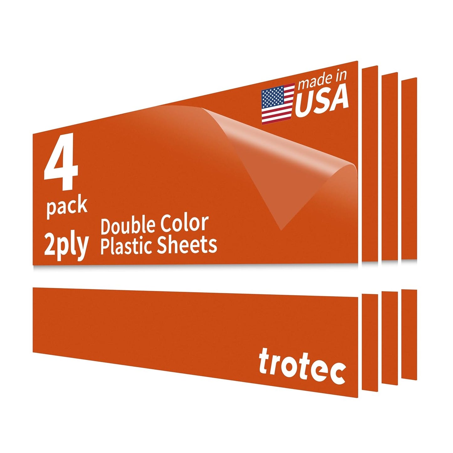 Trotec TroLase | 12"x24"x1/16", 4 Pcs | Orange/White | 2 Ply | Modified Acrylic | Laser Engraving Double Color Plastic Sheet | Engraving Blanks for Laser, Saw, Guillotine | Made in USA