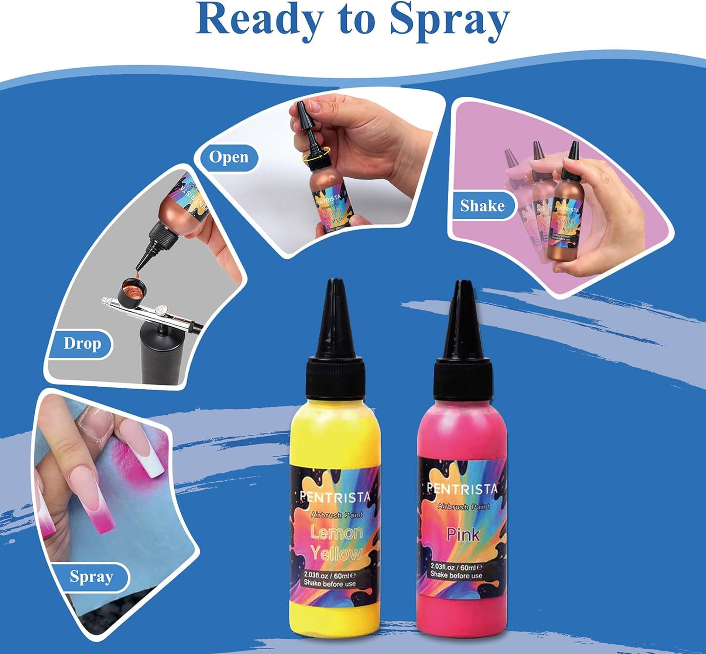 PENTRISTA 36-Color Airbrush Paint Set (60 ml/2.03 oz)with 3 Thinner - Flash Neon & Metallic Air Brush Paints,Lightfast & Water-Resistant Finish Acrylic Airbrush for Beginners,Artists for Models Nails