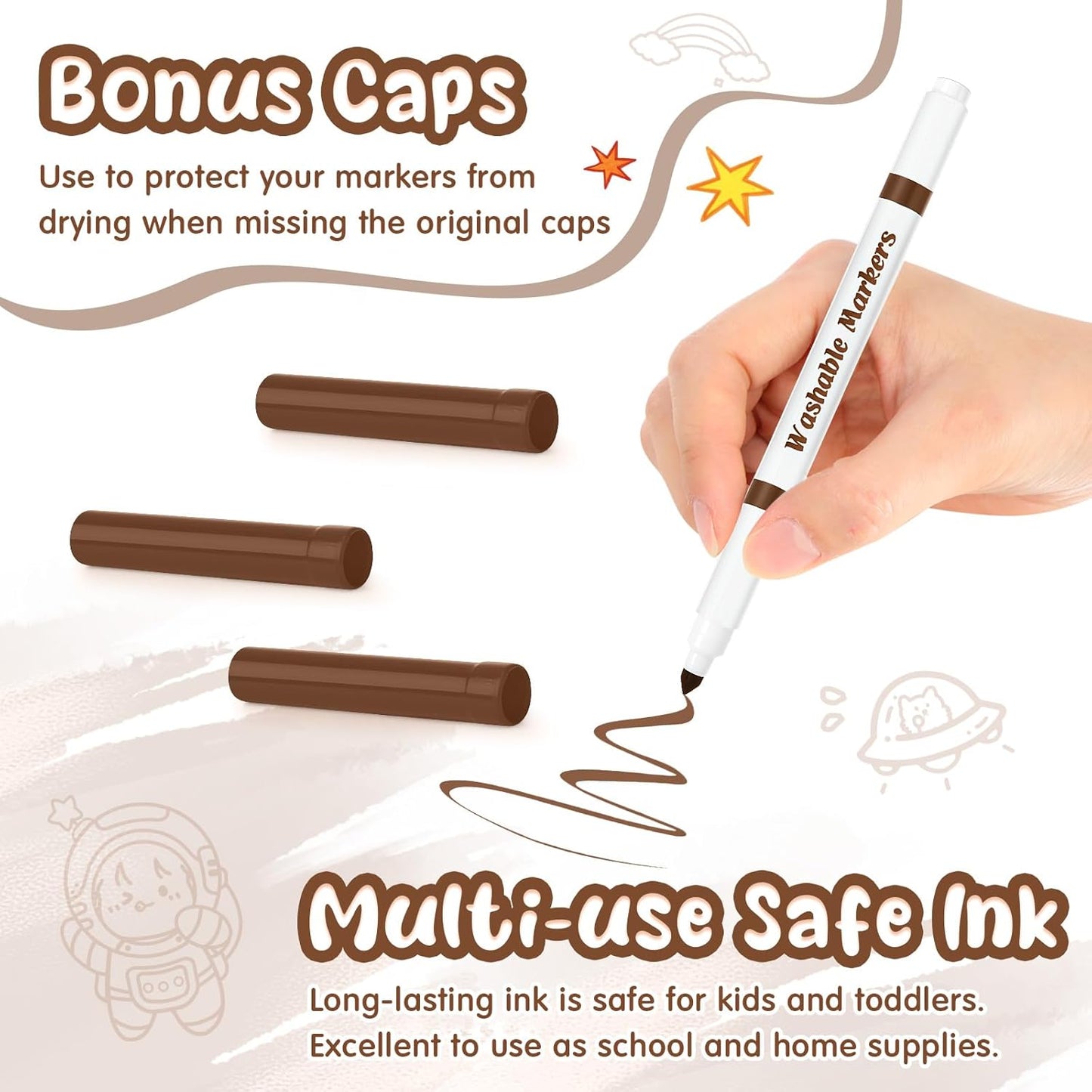 18 Pcs Line Washable Markers Bulk Brown Fine Tip Markers Set Coloring Thin Tip Drawing Washable Pen for Kids Toddler Teacher Art School Classroom Back to School Gender Reveal Party Supplies,Ages 6+