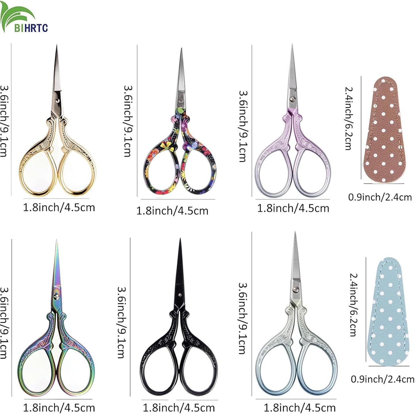 BIHRTC 6Pairs 3.6inch Small Crochet Scissors with Leather Cover Stainless Steel Scissors DIY Tools Dressmaker Small Shears for Sewing Crafting Art Work Threading Needlework Knitting