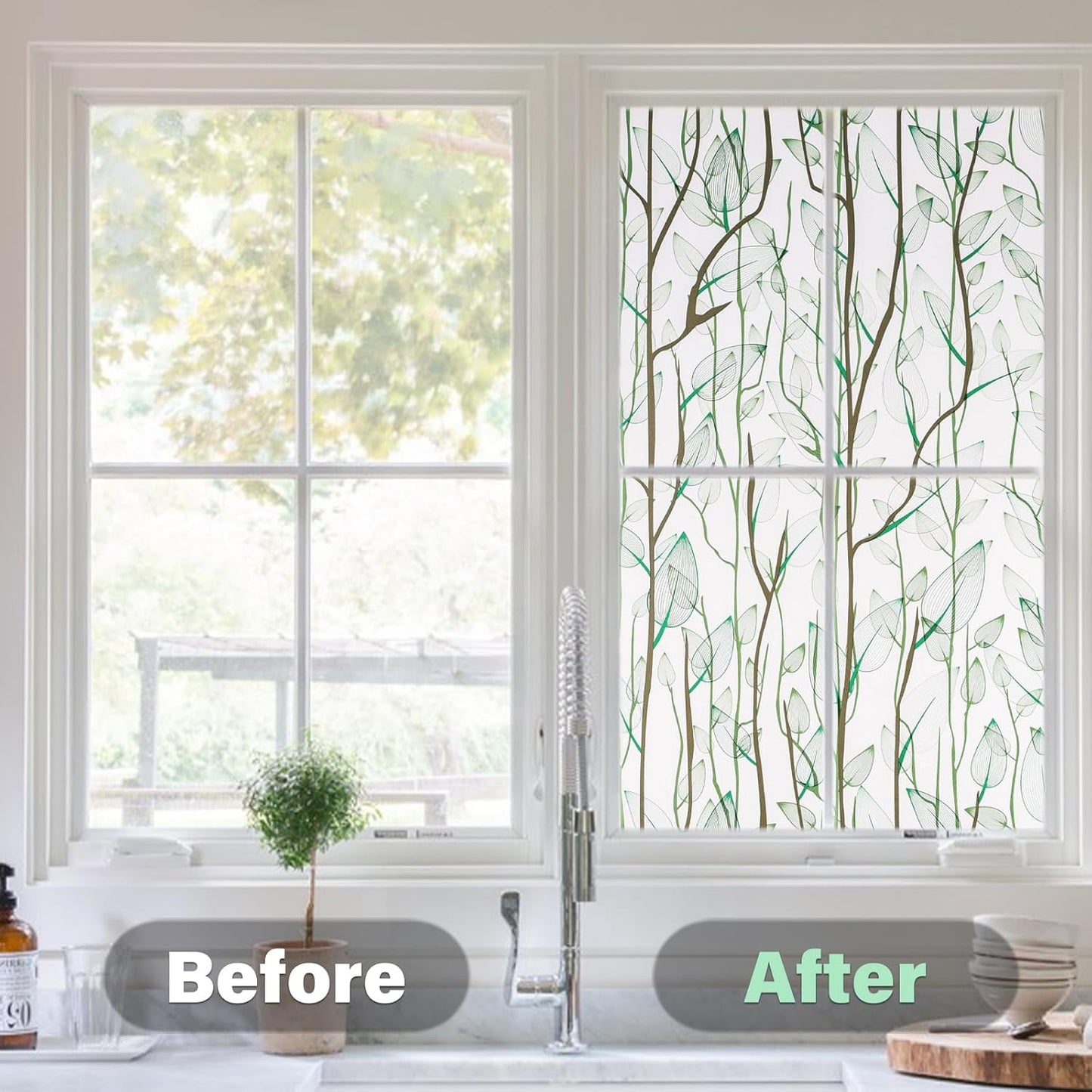 Donox Frosted Glass Window Film Heat Control UV Blocking, Static Cling Reusable Home Bathroom Door Window Privacy Film, Green Leaf Pattern Window Covering with Installation Tool, 23.6 in x 6.5 feet