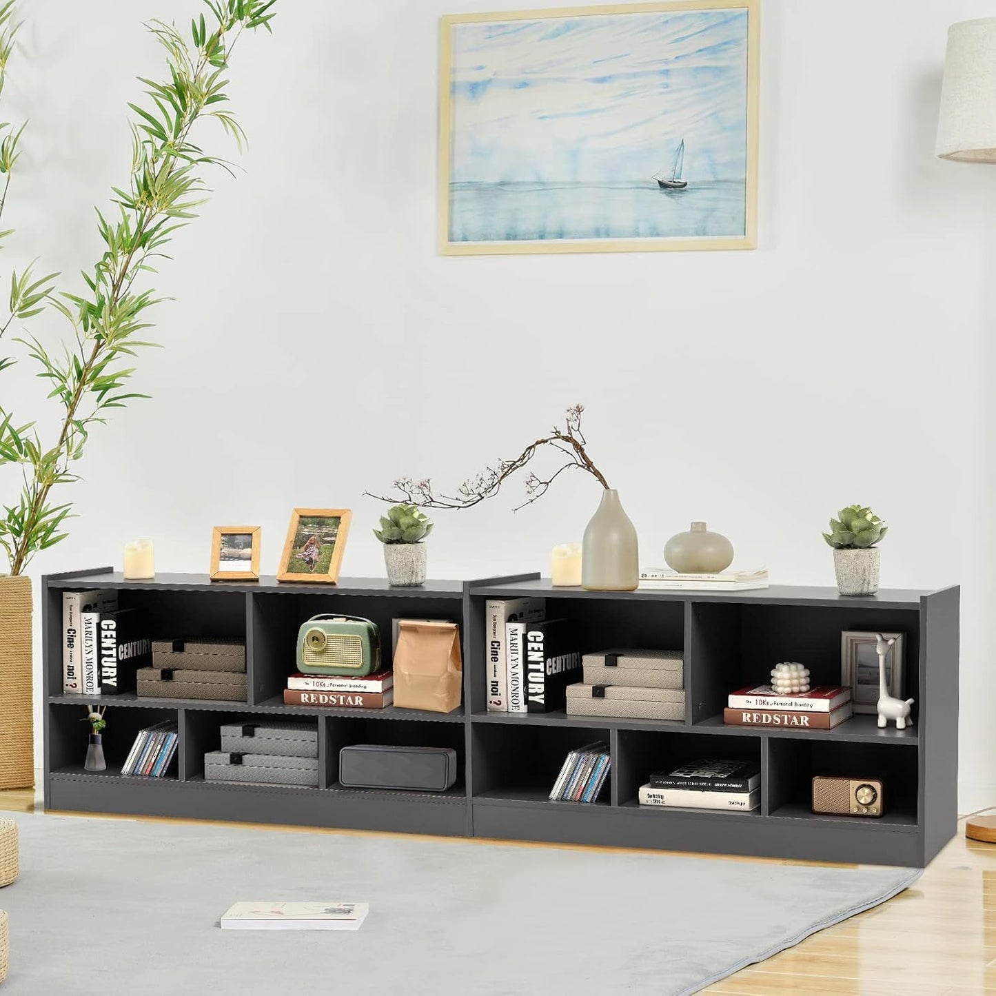 Tangkula 5 Cube Bookcase, 2 Tier Wooden Storage Open Bookshelf, Multipurpose Display Storage Cabinet for Living Room, Bedroom, Hallway, Kid's Playroom, Reading Nook (Grey)
