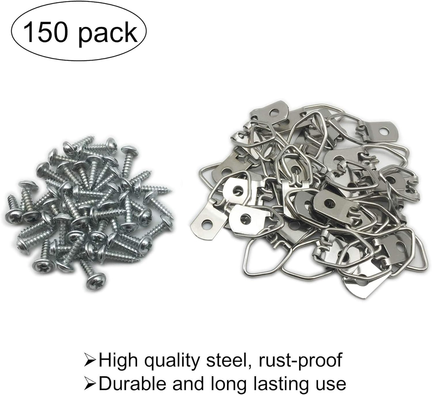 150 Pack Small D-Ring Steel Picture Hangers with Screws Picture Frames Picture Hang Solutions, for Hanging Clock Paintings Artwork Picture Frame Hook Photos