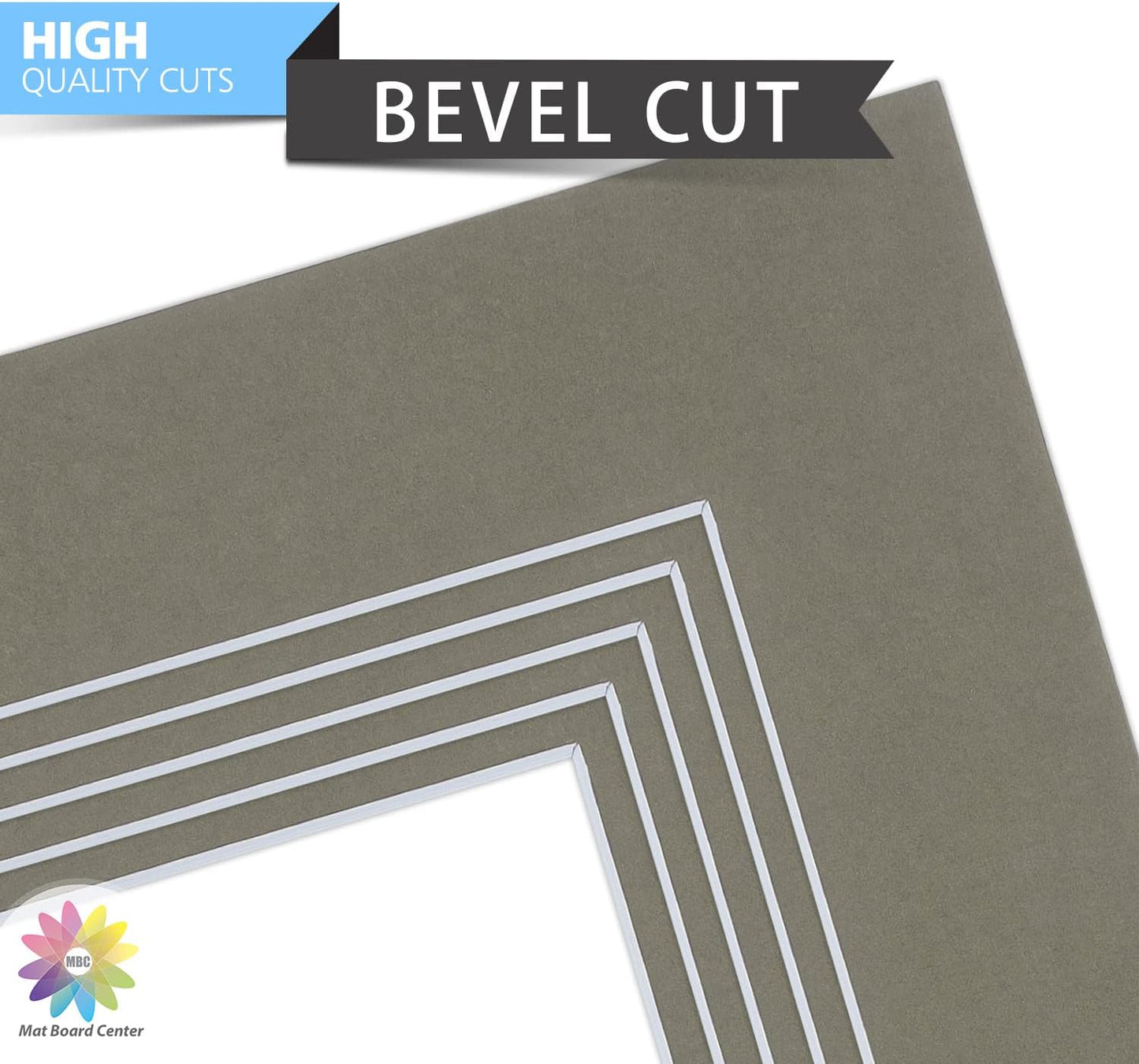 Mat Board Center, Pack of 10, 8x10 for 5x7 Gray Color Mats - Bevel Cut, Acid Free, 4-ply Thickness, White Core - for Pictures, Photos, Framing
