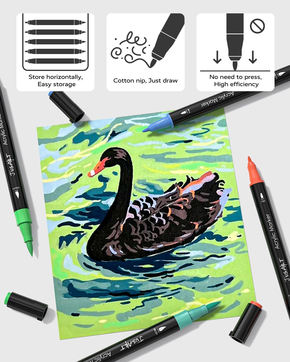 JusArt 24 Colors Dual Tip Acrylic Paint Pens Markers, Brush and Fine Tip, Premium Paint Pens for Wood, Canvas, Egg, Stone, Fabric, Rocks, Metal, Glass, Ceramic, DIY Crafts Making Art Supplies Gifts