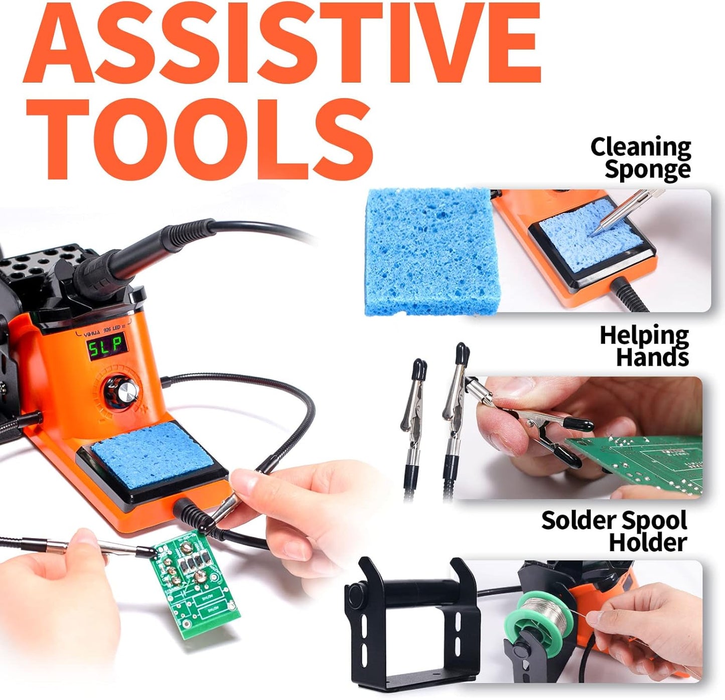 YIHUA 926 III 60W LED Display Soldering Iron Station Kit w 2 Helping Hands, 6 Extra Iron Tips, Roll of Lead-Free Solder, Solder Sucker, S/S Tweezers, °C/ºF Conversion, Auto Sleep & Calibration Support