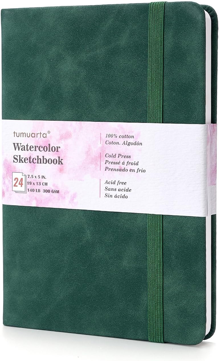 tumuarta Watercolor - Sketchbook, 7.5x5 in, 140 LB, 300GSM, 100% Cotton, Acid Free, Cold Press, 24 Sheets,48 Pages, Watercolor Paper Journal for Use As Travel Notebook and Mixed Media Pad On The Go