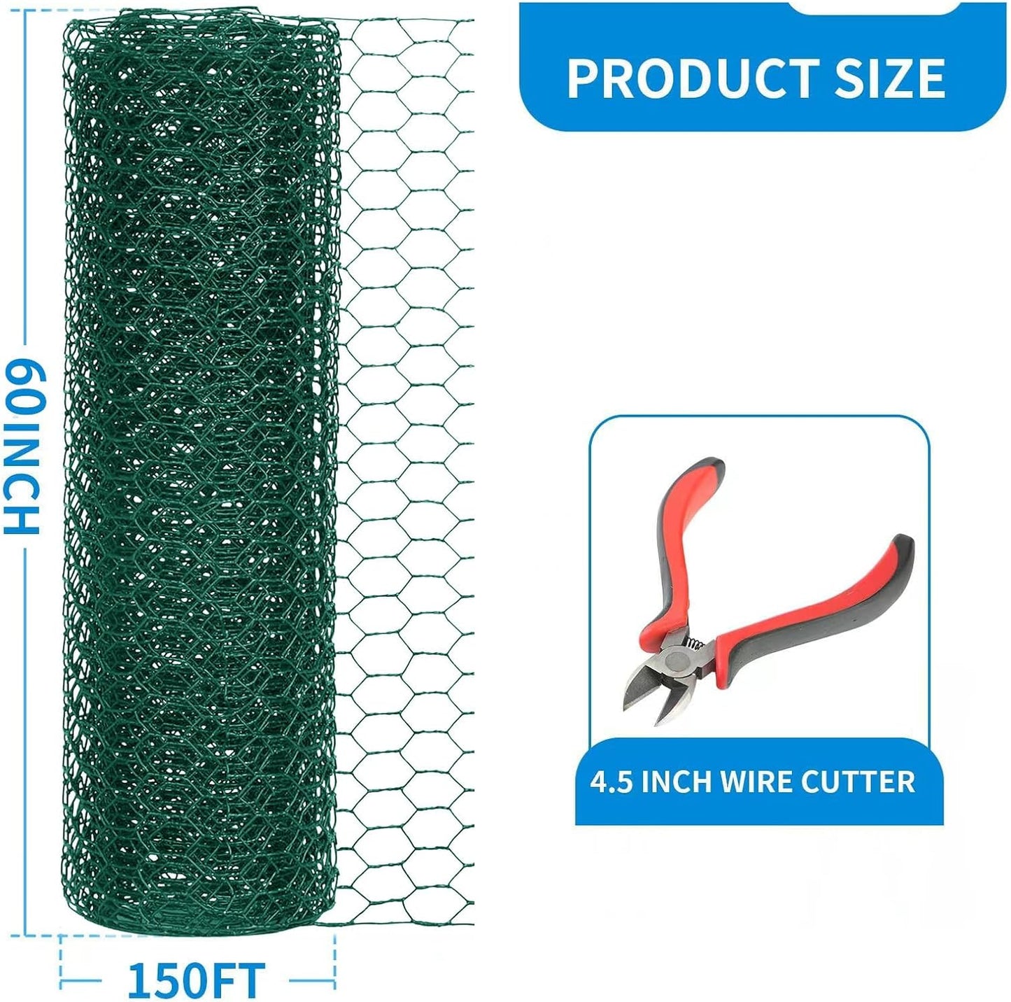 60'' x 150' Green Chicken Wire Fencing, 1 inch Chicken Wire and 20 Gauge Poultry Netting, Garden Mesh Fence Roll for Floral Arrangements/Crafts/Farm/Livestock/Pet Protection
