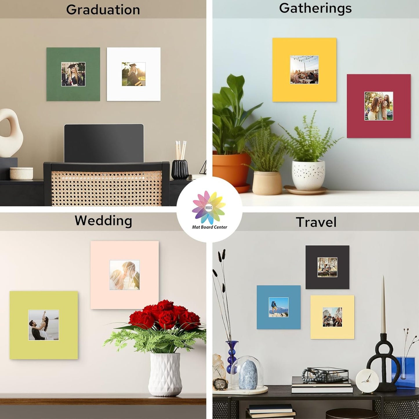 Mat Board Center, 8X8 Mix Color Mats for 4X4 Pictures - Acid Free, 4-Ply Thickness, White Core, Bevel Cut - for Artworks, Photos, Framing - Pack of 12