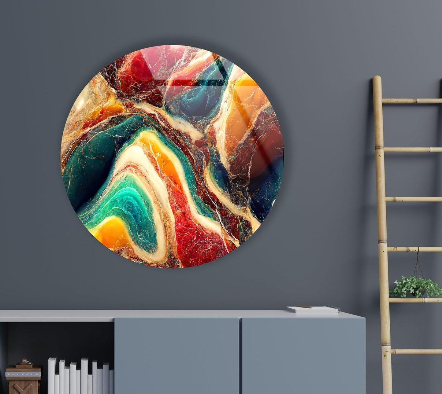 My Photostation.com 24''(60cm) Diameter Colorful Marble Swirl Round Wall Art Abstract Glass Decor with Earthy Tones & Gemstone Texture