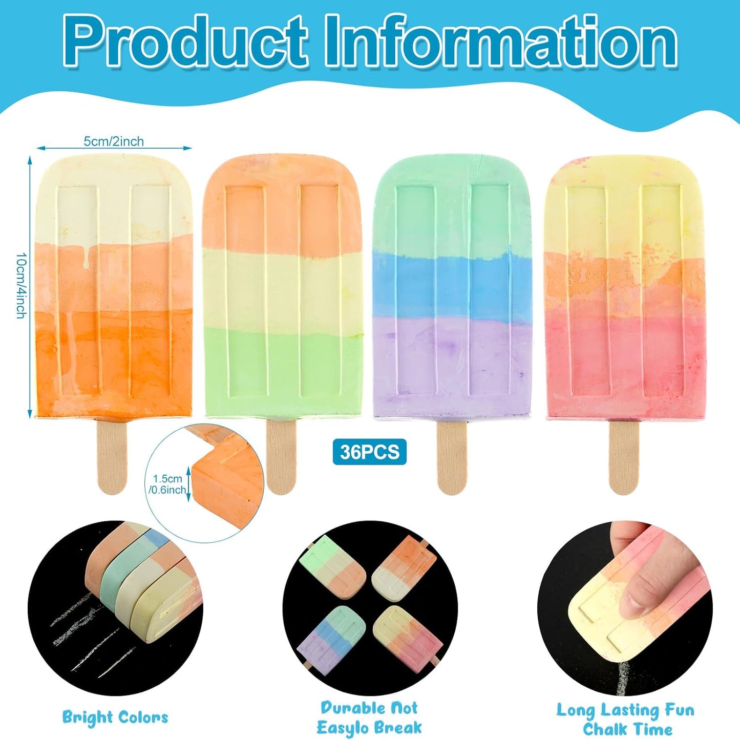 36 Pcs Ice Cream Sidewalk Chalk Set Multicolor Chalk Party Favors Bulk Washable Safe Outdoor Chalk for Kids Adults Fun Summer Playground Outdoor Activities Painting on Chalkboard Blackboard