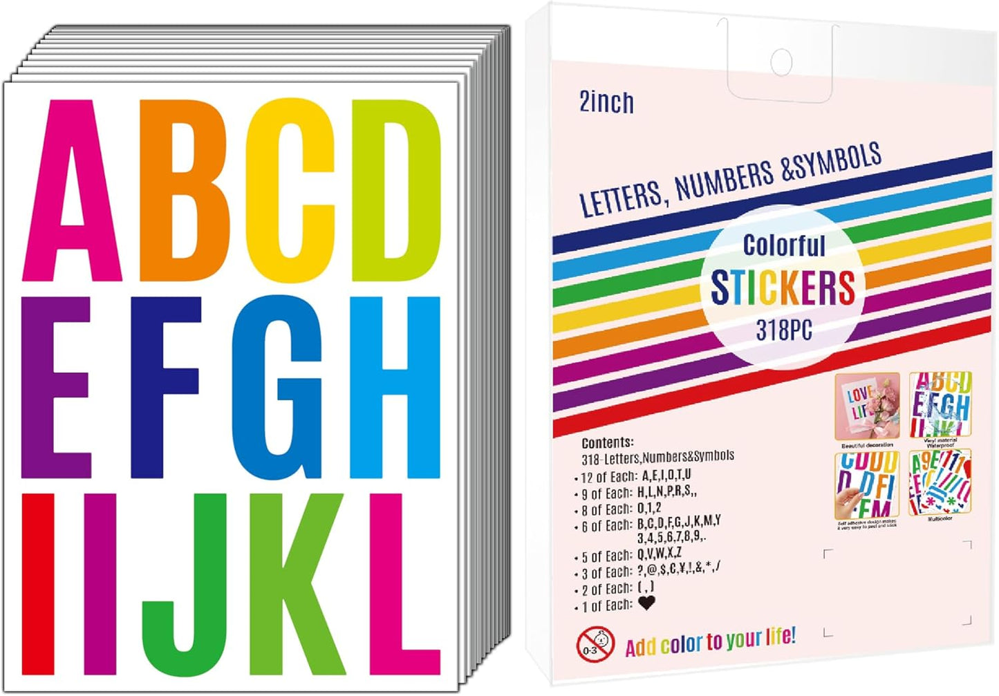 318Pcs 2inch Vinyl Letter & Numbers Stickers, Large Stick on Alphabet for Bulletin Board, Scrapbooking,Mailbox, House, Door, Wall,Scrapbook, Wall, Waterproof self Adhesive (Multi Color)