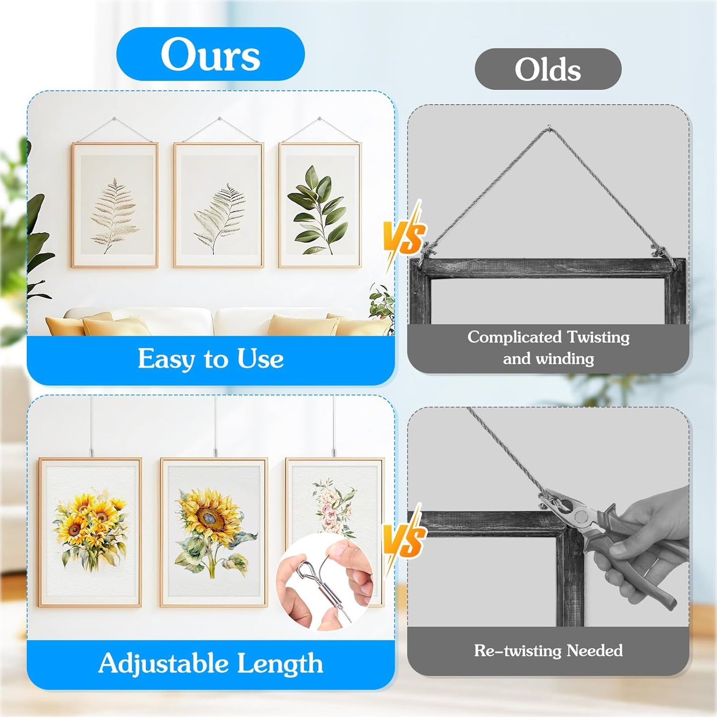 4 Pack Picture Hanging Wire Kit, Heavy Duty Picture Hanging Kit for Frames & Mirrors up to 50lbs, Includes Adjustable 2m Steel Wires, D Rings & Screws, Wall Hanging Kit for Home & Office Décor