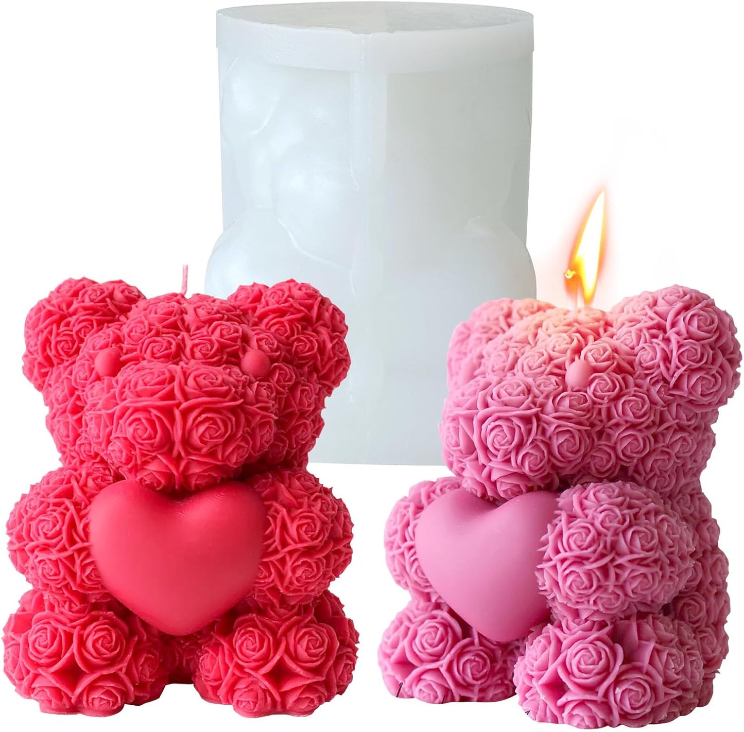 Rose Bear Silicone Mold - 3D Teddy Bear Candle Making Molds, Cute Epoxy Resin Molds for DIY Handmade Soaps, Mother's Day Gifts, Father's Day Gifts, Birthday Gifts (Extra Large)