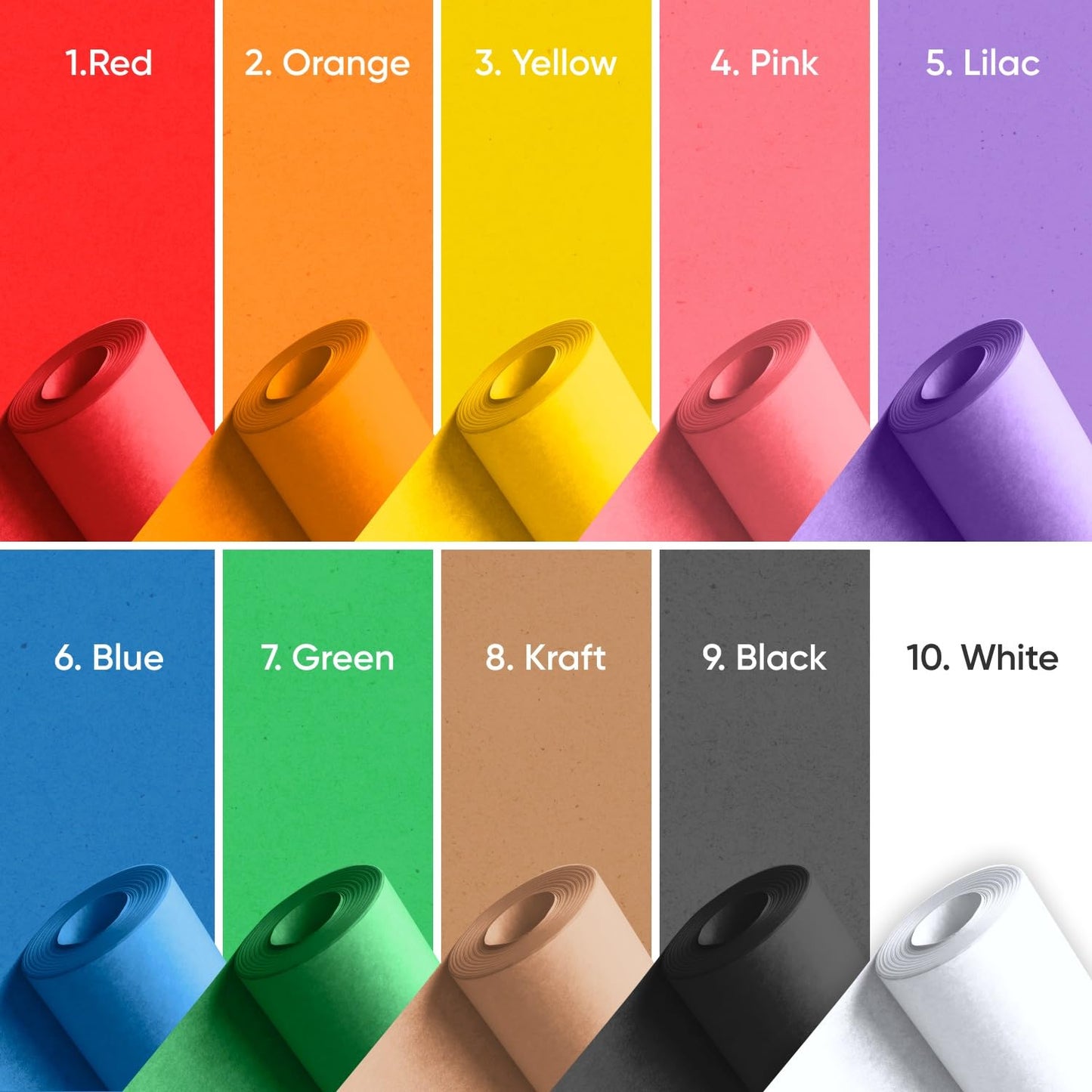 24" x 1200" (100 ft) Pack of 10 Rolls USA-Made Multi-Color Kraft Paper, 45 lbs/66 GSM – Colored Kraft Paper for Packing, Crafts, DIY Projects, Gift Wrapping – Non-Toxic, Safe for Kids